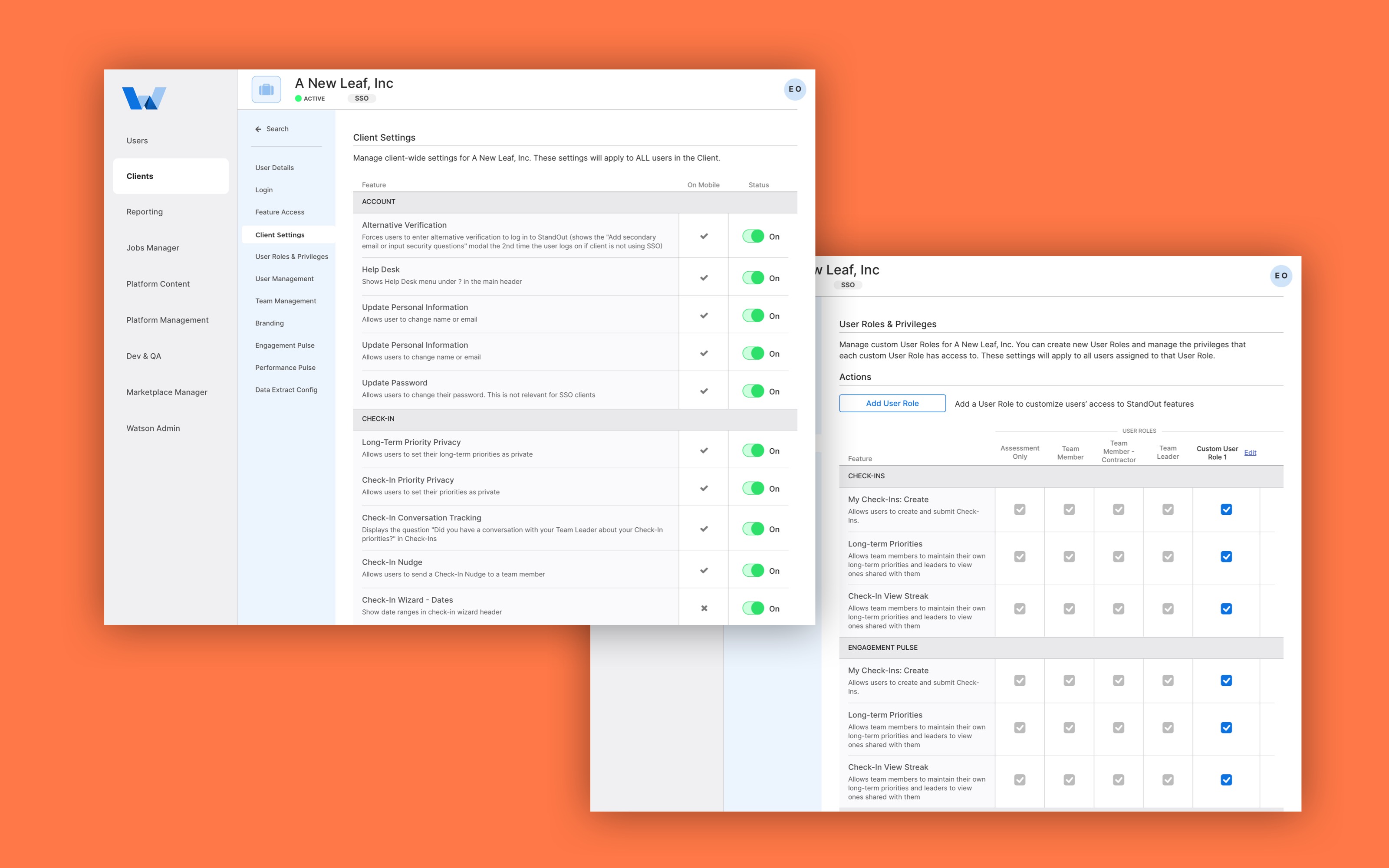 Watson - Client administration section: Feature Access & Permissions