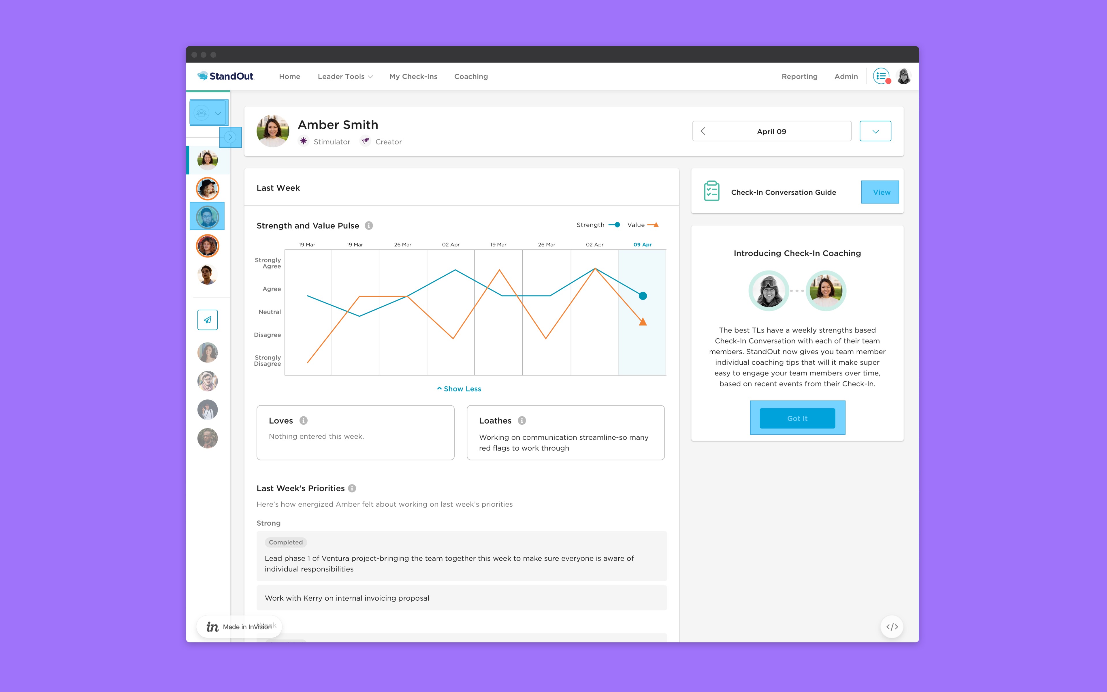 Interactive InVision prototype for StandOut Coaching Intelligence